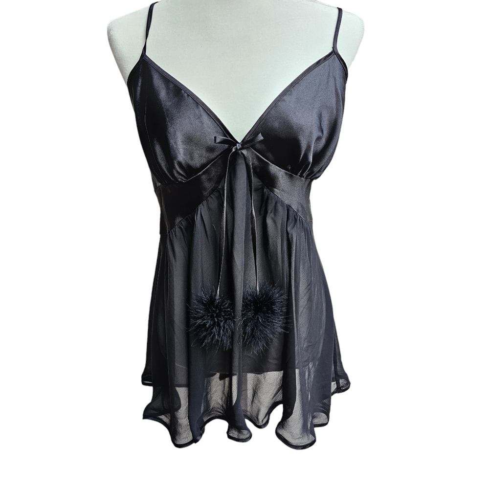 MaidenForm Chemise Nightie Lingerie with Fur Pompom and Sheer Skirt in Black, XL